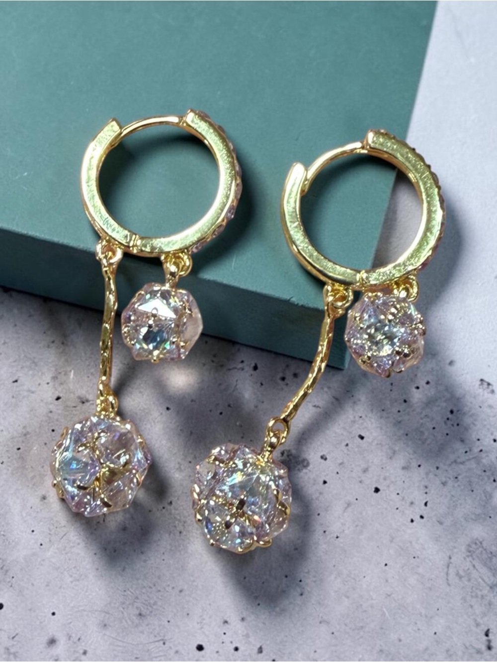 14K Gold Plated Drop Hoop Earrings - Sparkling Light Pink Cubic Zirconia